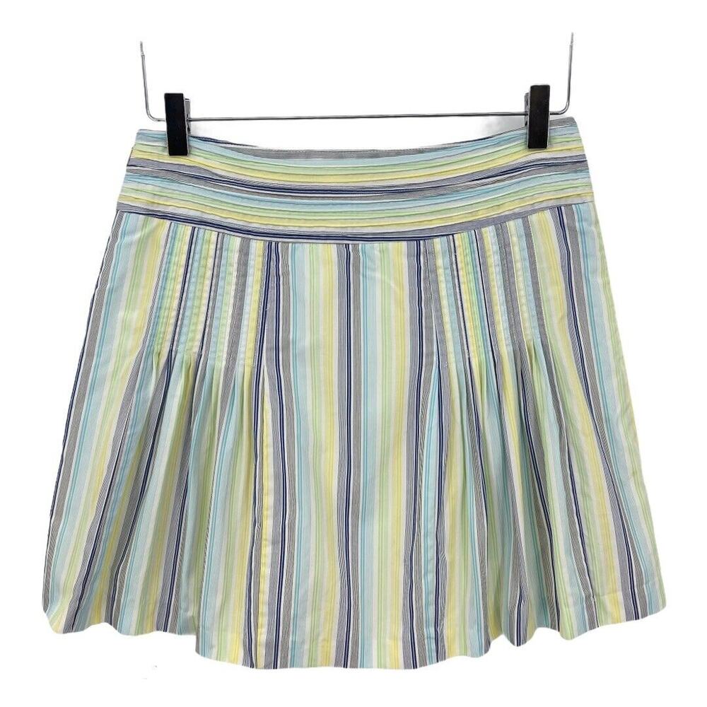 J Crew Pleated A Line Skirt Size 4 Blue Yellow White Striped Cotton Lined